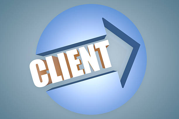 Client - text 3d render illustration concept with a arrow in a circle on blue-grey background