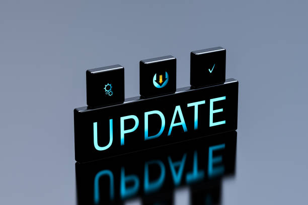 c8 UPDATE neon word with settings icons, arrow and checkmark.UPDATE neon concept on blocks. 3D render.