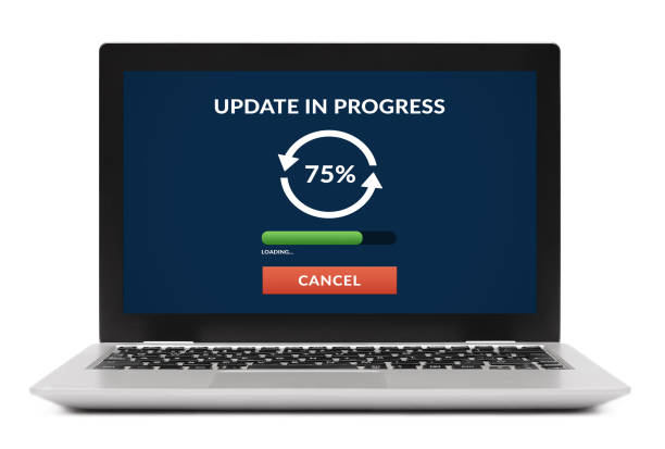 Update concept on laptop computer screen. Isolated on white background. All screen content is designed by me.